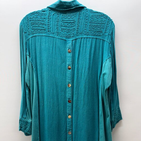 Parsley and Sage Size L Tunic Top 3/4-Sleeve Button-Up Embroidered Teal Blue - Picture 5 of 6
